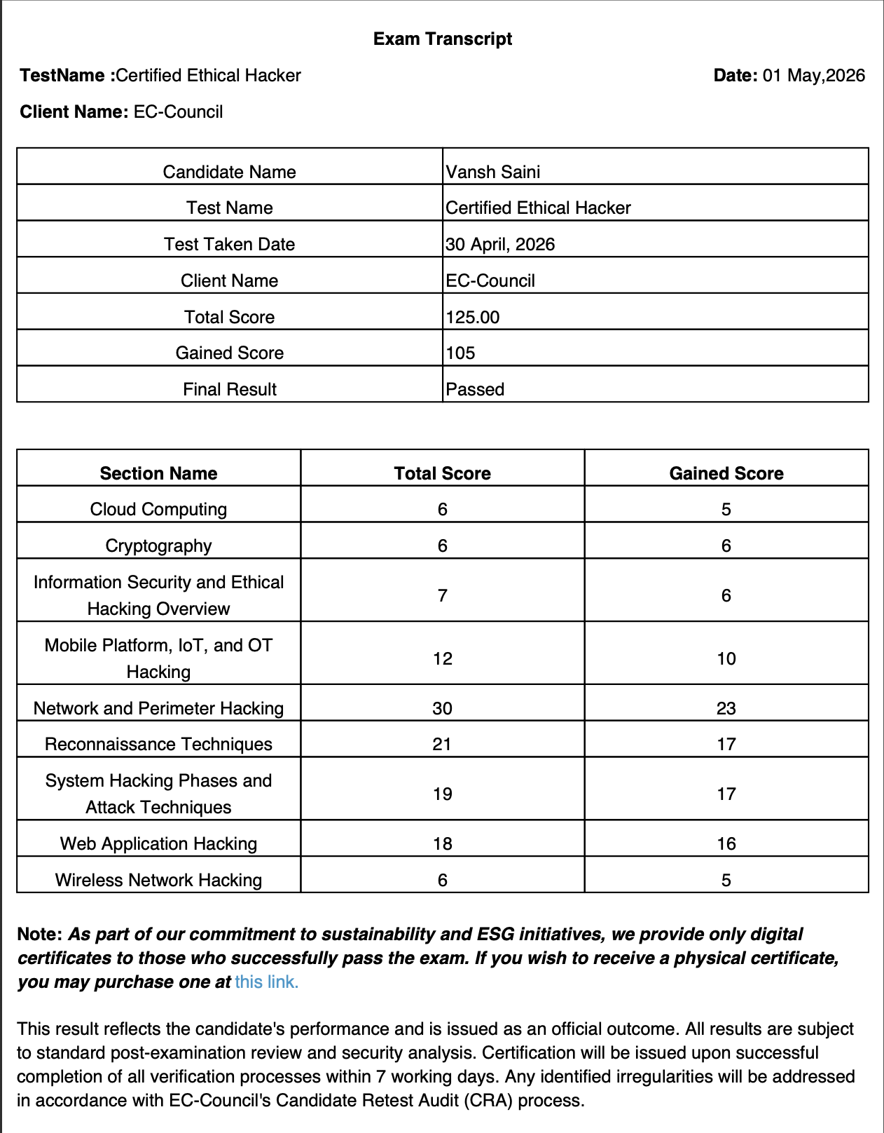 CEH Exam Transcript - Passed